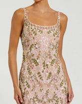 Pink Sleeveless Hand Beaded Floral Midi Dress